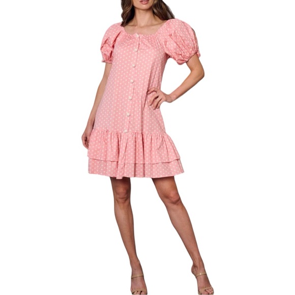 Pink White Dots Button Up Mini Dress - Picture 2 of 4